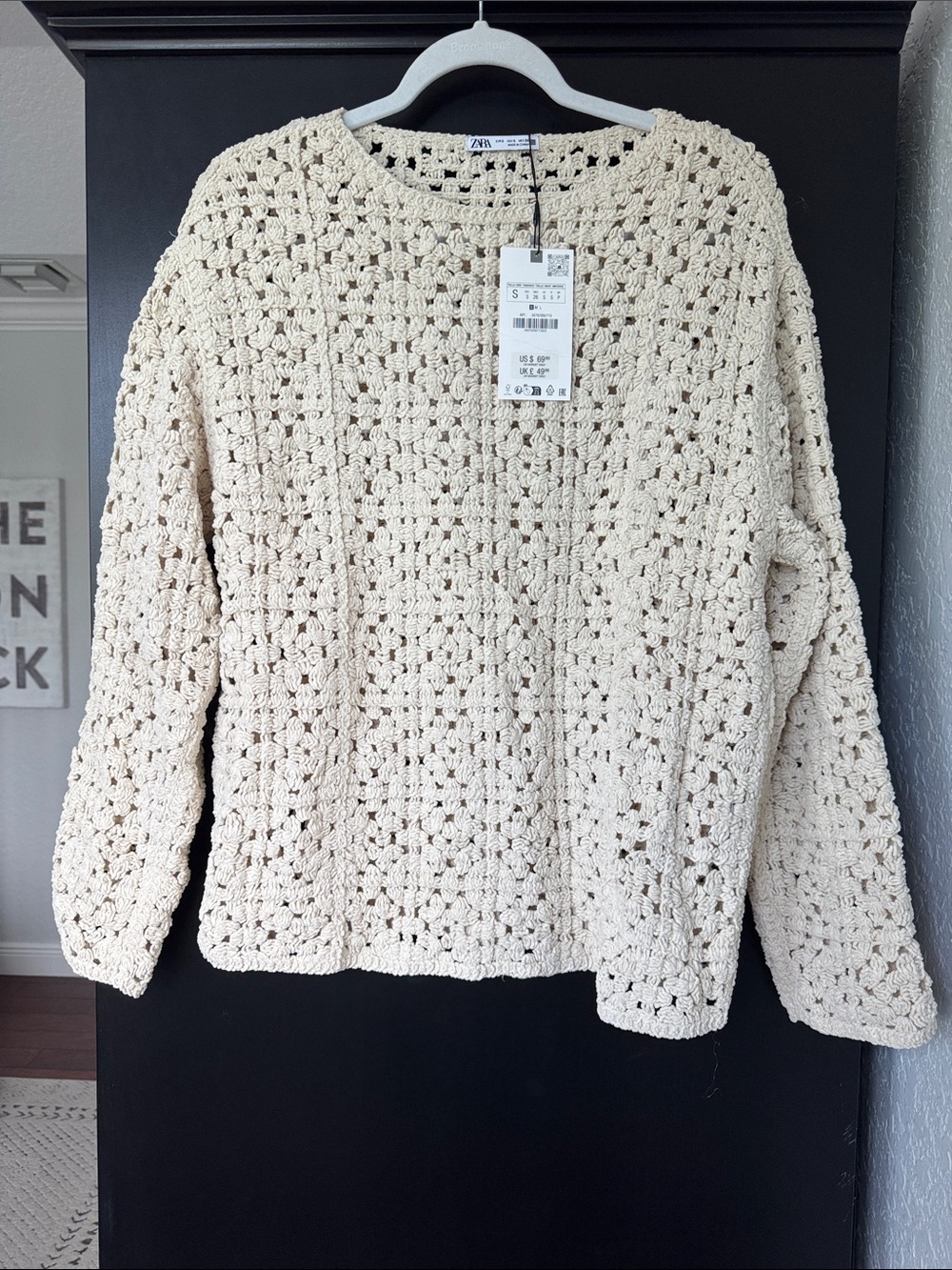 Zara Cream Crochet Knit Crewneck Sweater